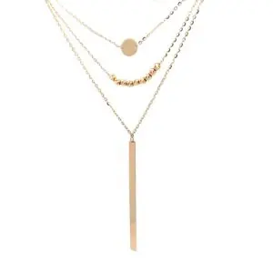 Three-layer gold necklace with bar pendant