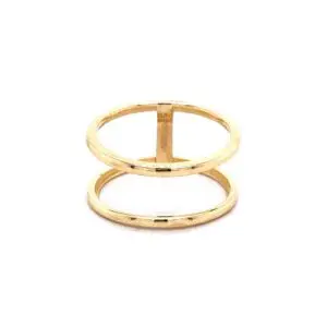 Minimalist gold double-band ring on white background
