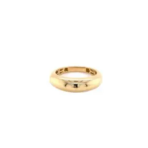Polished gold wedding band on white background