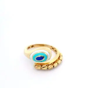 Gold ring with blue enamel evil eye