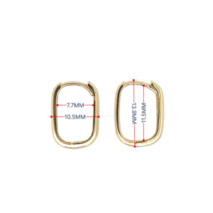 Gold rectangular hoop earrings with measurements