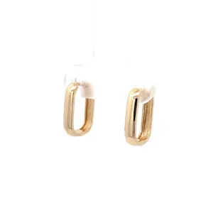 Gold rectangular hoop earrings on white display