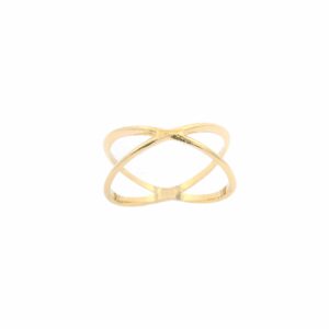 Gold criss-cross ring on white background