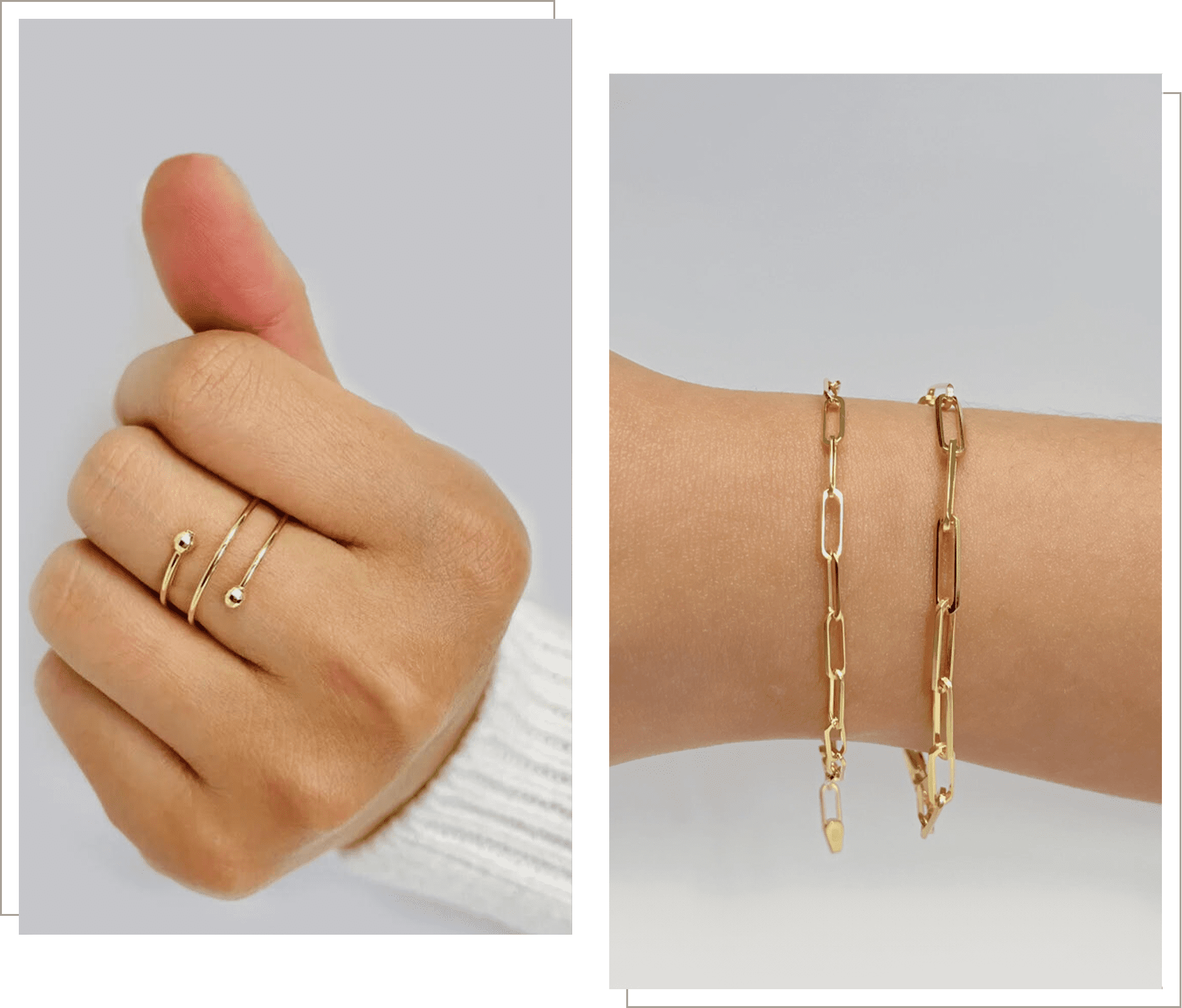 Gold stacked rings and chain bracelets