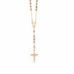 Gold rosary necklace with tri-color beads