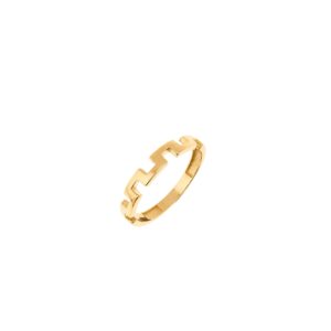 Gold geometric cutout ring on white background