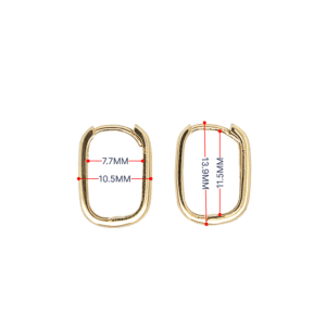 Gold rectangular hoop earrings with measurements